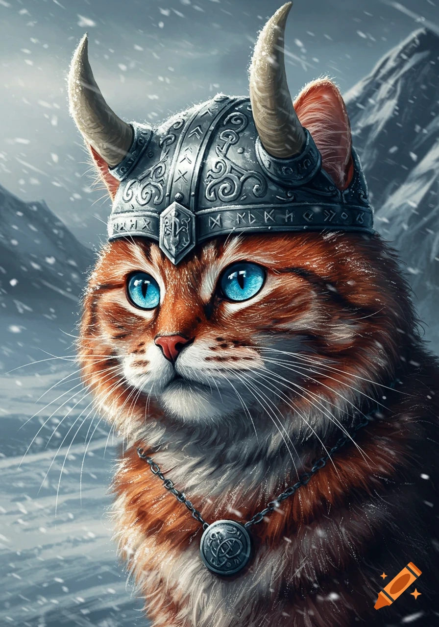 A fluffy orange tabby cat with bright blue eyes wears a detailed silver viking helmet and medallion in a snowy mountain landscape.