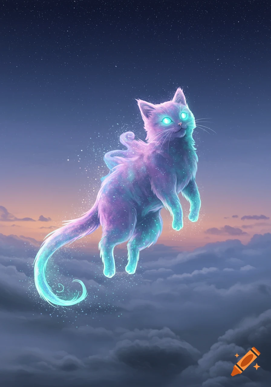 A galaxy-patterned cat with glowing eyes and paws floats above clouds in a twilight sky, surrounded by sparkles.