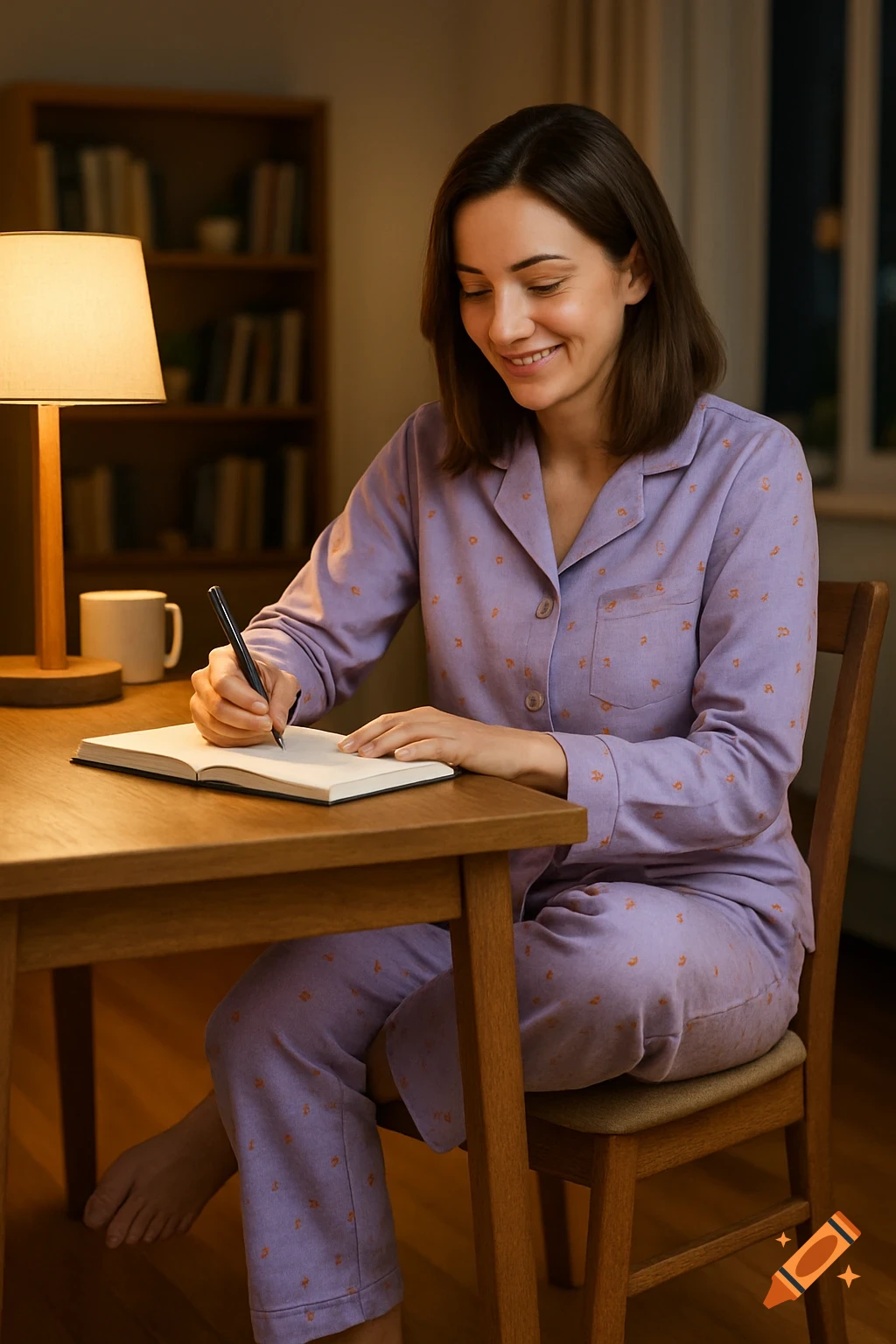 A smiling brunette woman in lilac pajamas sits at a wooden desk, writing in a notebook under the warm light of a lamp.