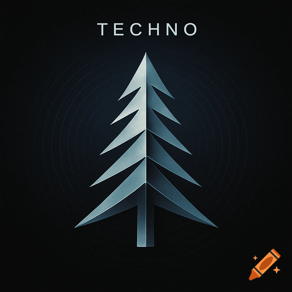 Minimalist graphic design of a geometric fir tree with 'TECHNO' text on a dark background.