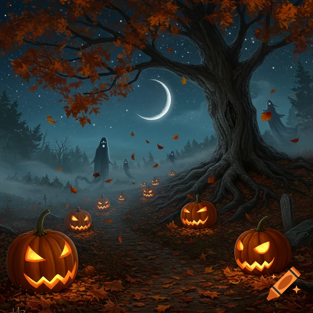 Spooky Halloween night with glowing jack-o'-lanterns on a path, white ghosts, crescent moon, and an old tree with orange leaves in a forest illustration.