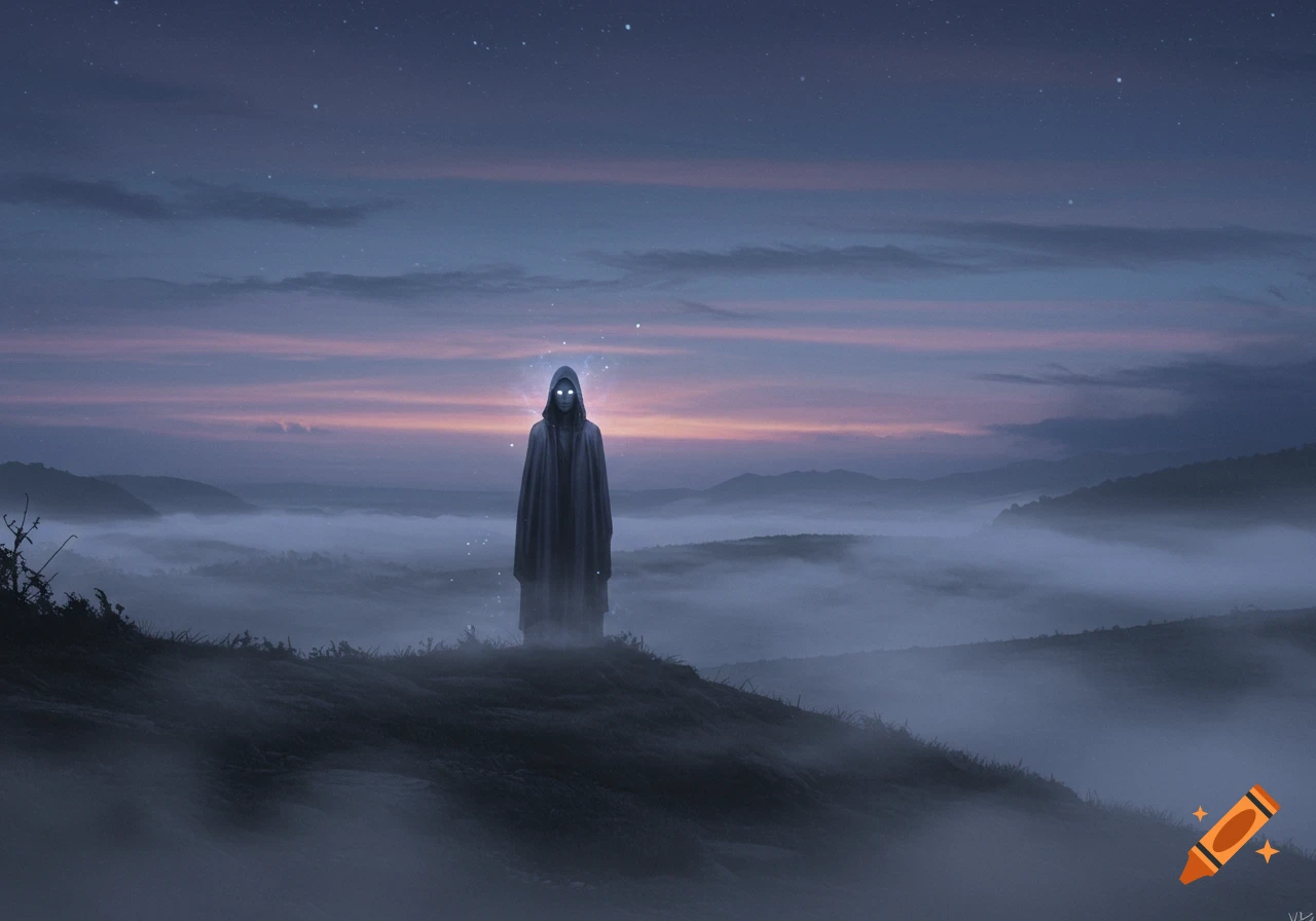 A cloaked figure with glowing eyes stands on a misty hill at twilight, with stars in the pastel sky.
