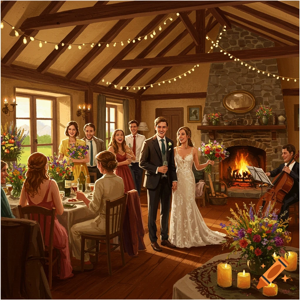 A joyful wedding party in a rustic, cozy room with string lights, a fireplace, and guests seated at tables.