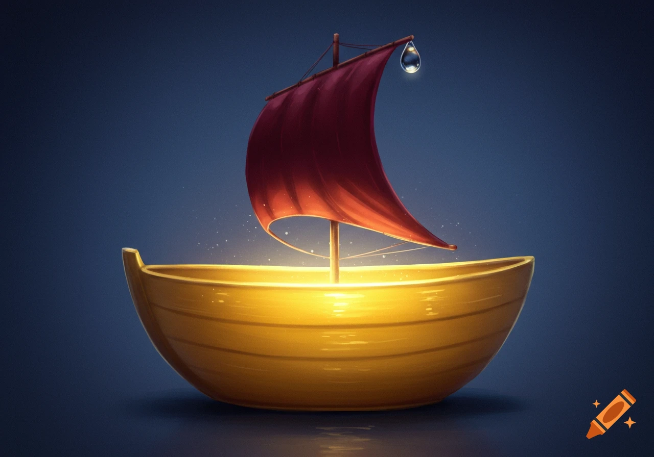 A glowing golden boat hull with a dark red sail shaped like a dress, with a dewdrop of moonlight hanging from the mast.