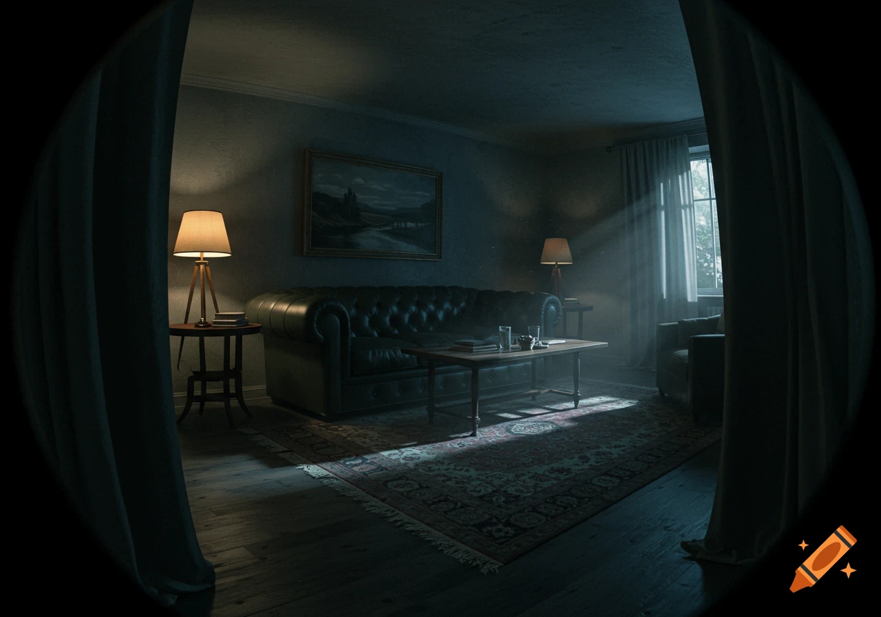 A fisheye view of a dark, gloomy living room with a leather couch, two lamps, a coffee table, and sunlight streaming through a window.