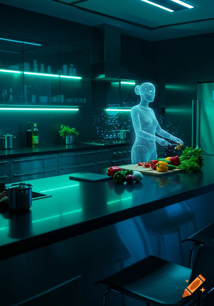 A futuristic kitchen with glowing green lights, a blue holographic AI assistant preparing colorful vegetables on a counter.