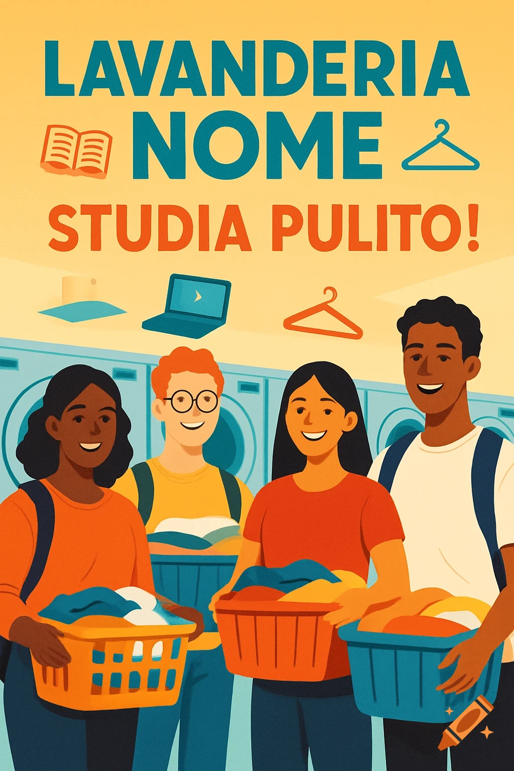 A colorful vector art poster showing diverse students holding laundry baskets in front of washing machines. Bold text reads 'LAVANDERIA NOME STUDIA PULITO!' with icons of a book, laptop, and hangers.