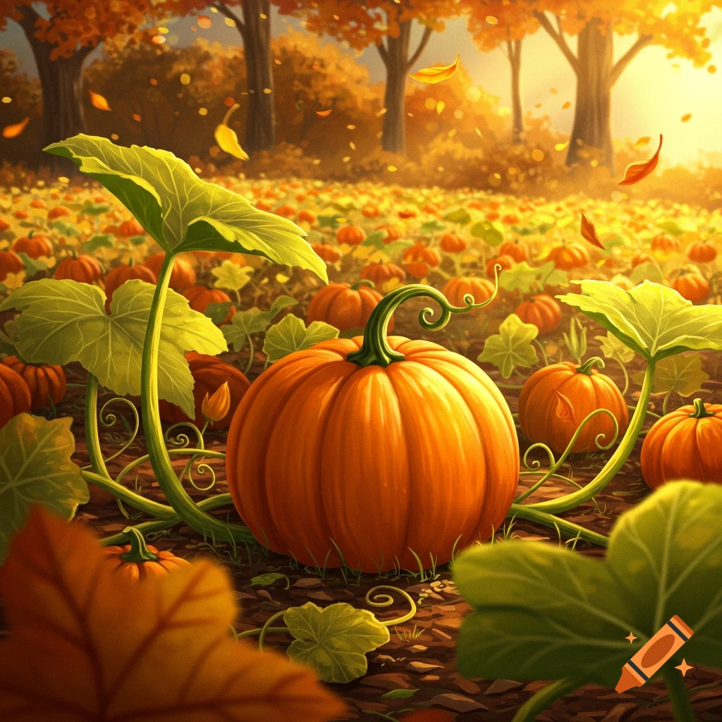 Vibrant illustration of a large pumpkin in an autumn field with green vines, smaller pumpkins, and golden trees under a warm sunset.