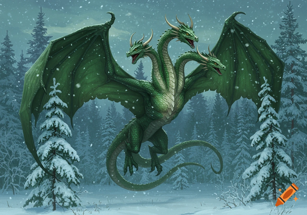 A majestic three-headed green dragon with large wings flies over a snowy evergreen forest, with snow falling around it.