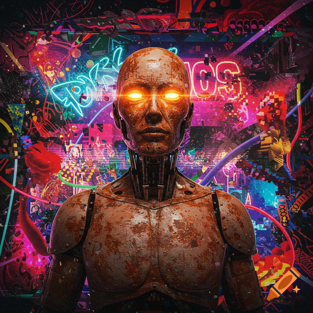 A rusty humanoid robot with glowing orange eyes stands against a chaotic, vibrant cyberpunk background filled with neon lights and glitch art.