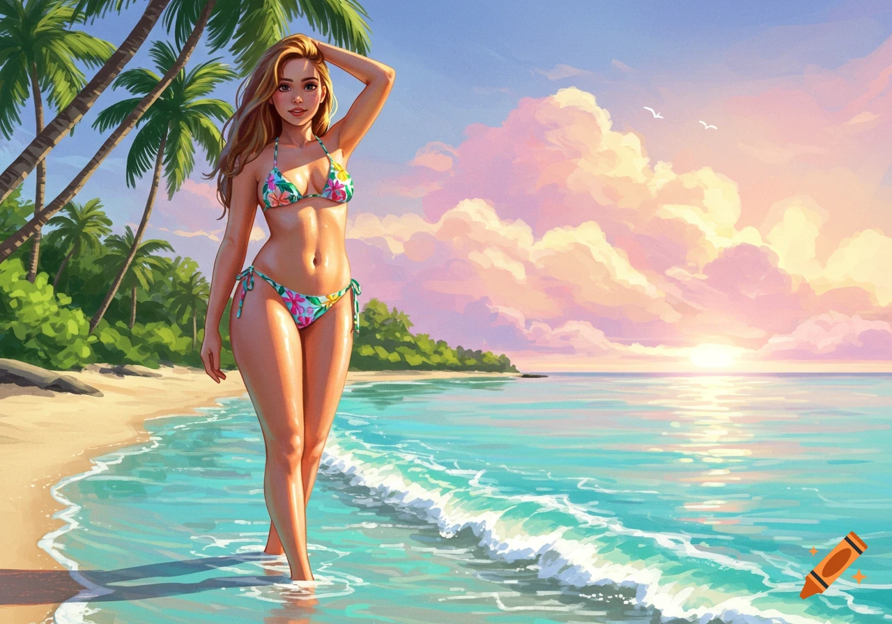 A smiling woman in a floral bikini walks along a tropical beach at sunset, with palm trees and ocean waves.