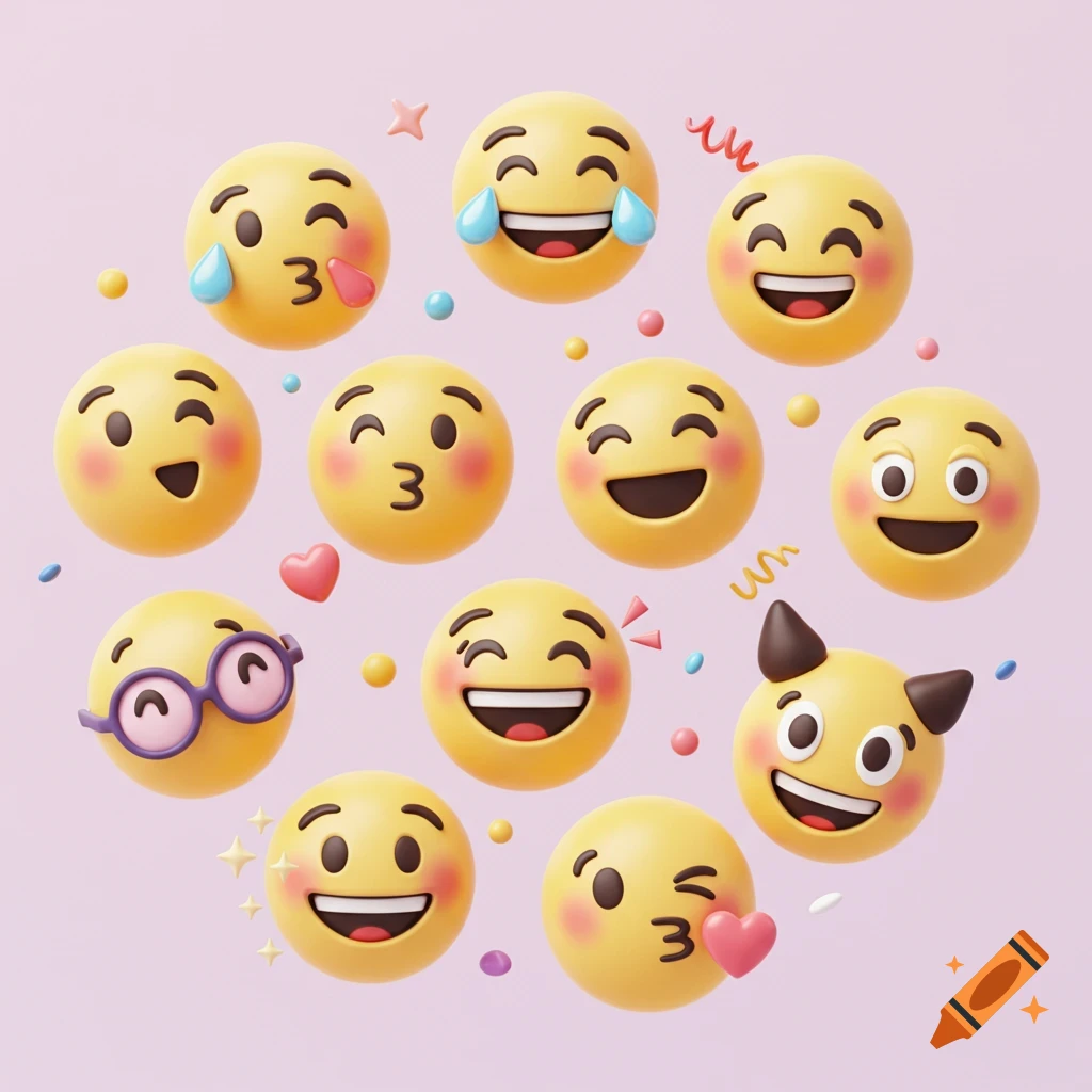 A collection of 3D yellow emojis with various expressions like laughing, winking, kissing, and wearing glasses on a pink background.