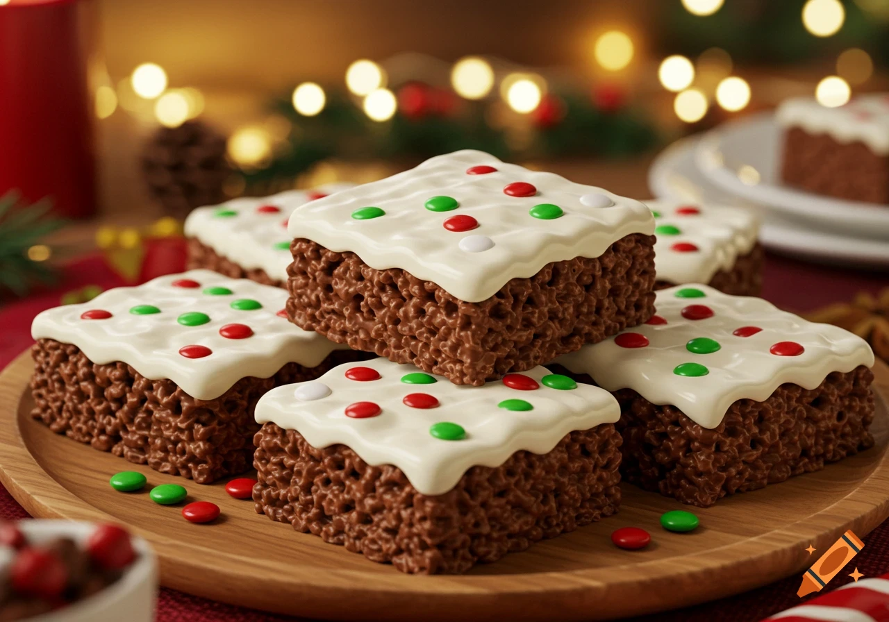 Close-up of chocolate rice krispie treats with white icing and red and green candies on a wooden serving tray, with a blurry festive background.