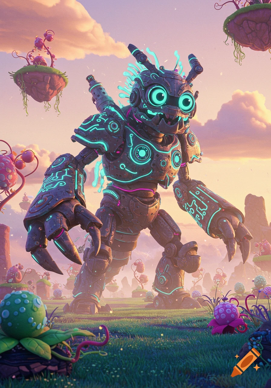 A large, stylized mecha monster with glowing neon circuits stands in a vibrant alien landscape at sunset.