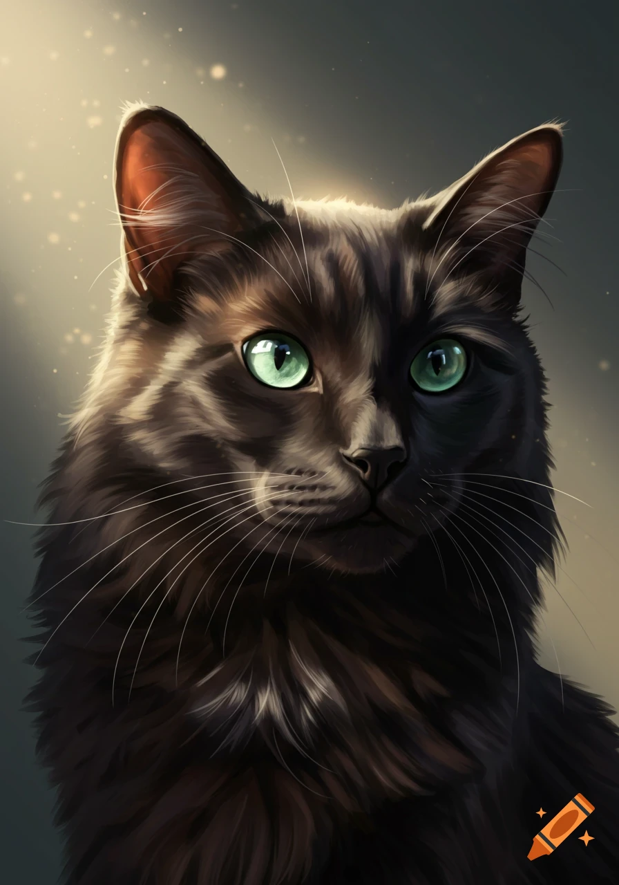 A close-up digital painting of a fluffy black cat with bright green eyes, bathed in golden sunlight.