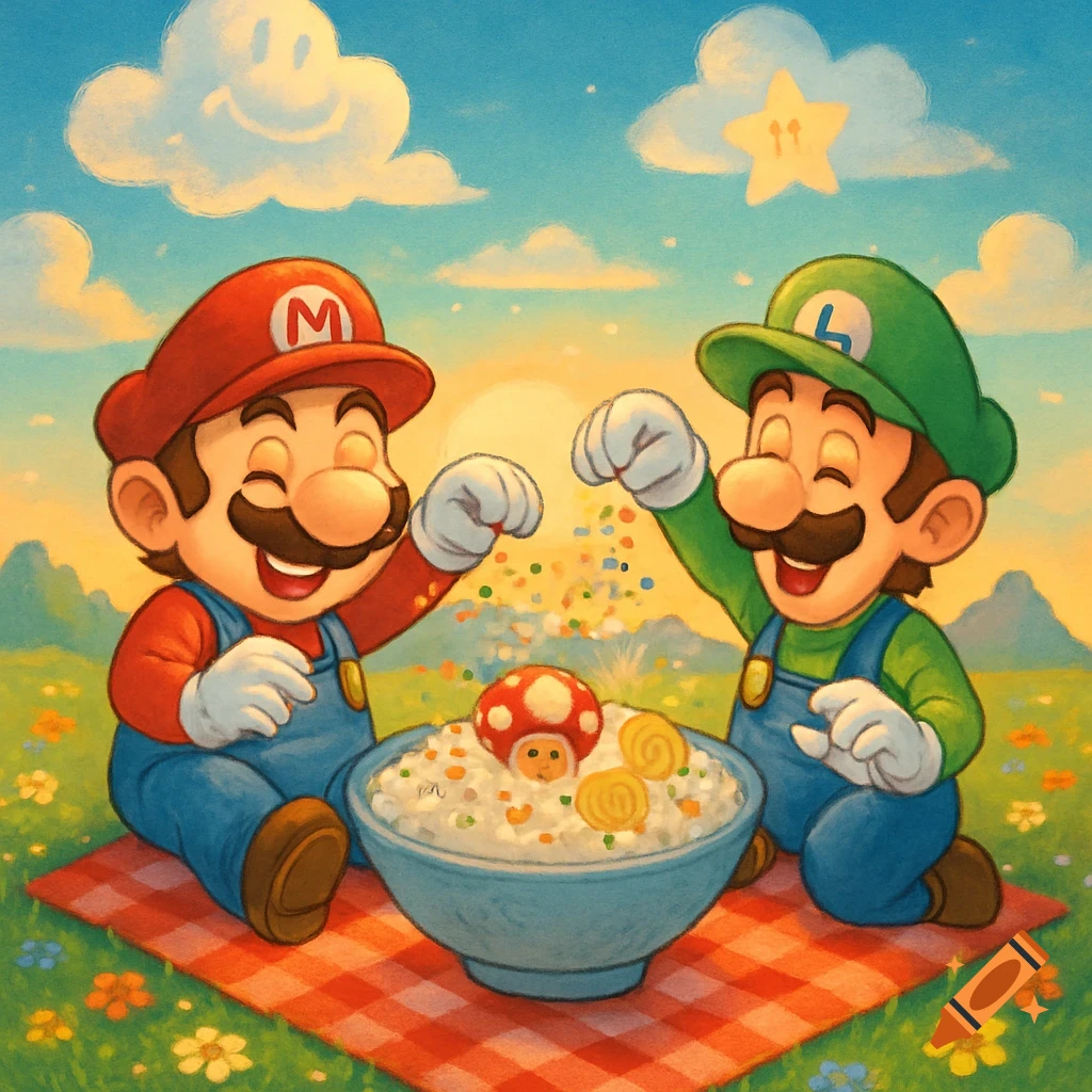 Mario and Luigi happily sprinkle colorful furikake onto a bowl of rice during a sunny picnic in a bright, cartoonish field.