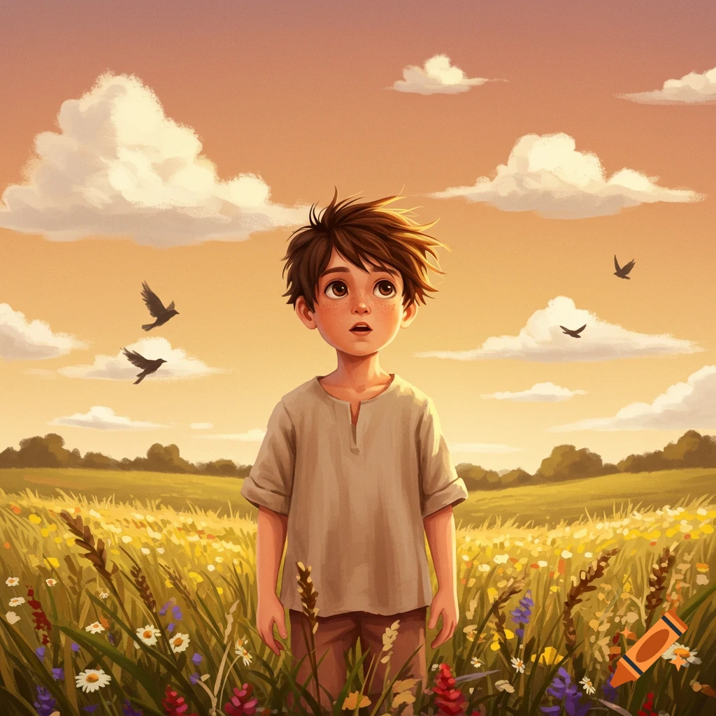 Illustrated young boy with freckles looking up in a wildflower field under an orange sky with birds.