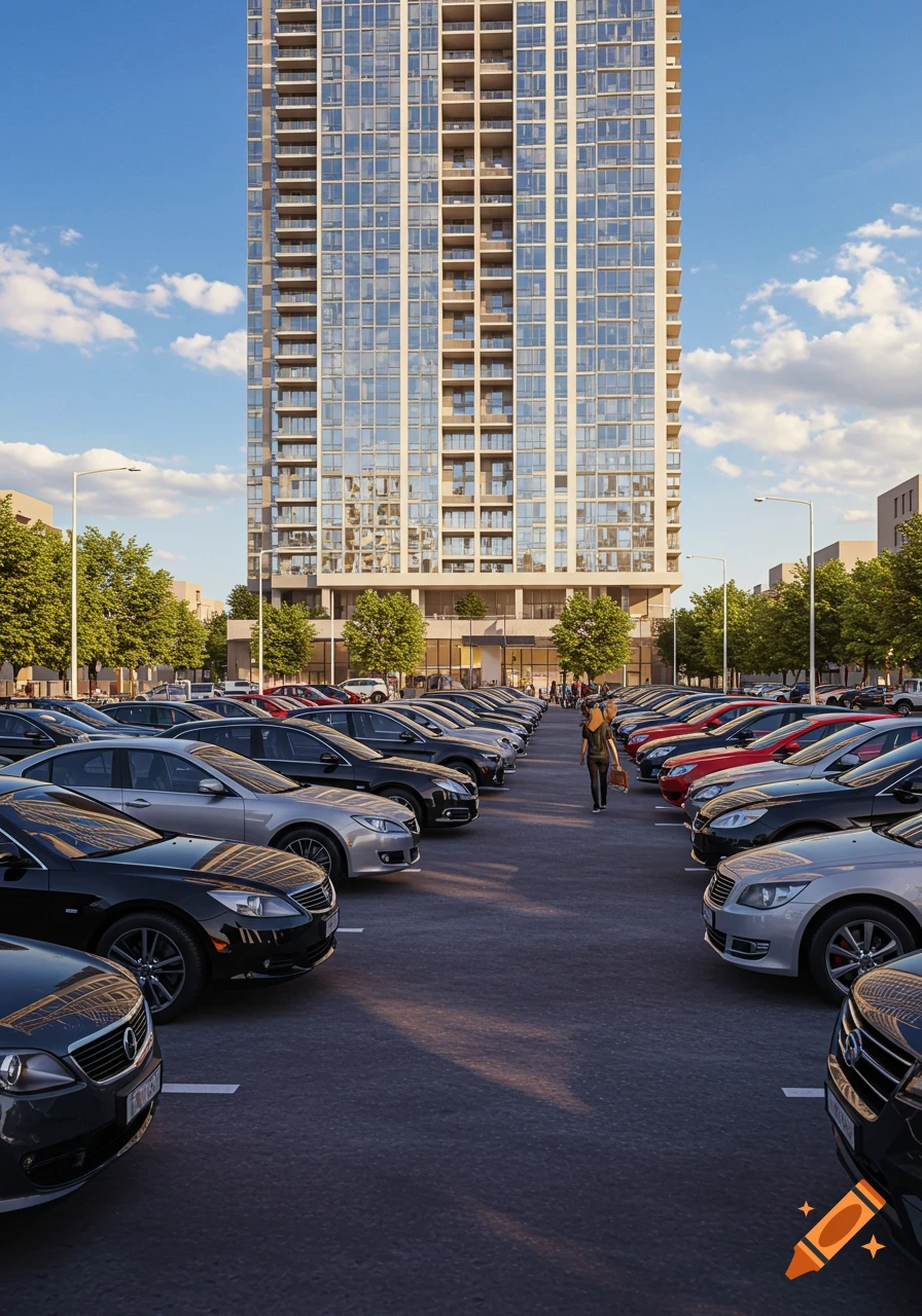 A busy parking lot with many cars in front of a modern skyscraper under a blue sky, with a person walking.