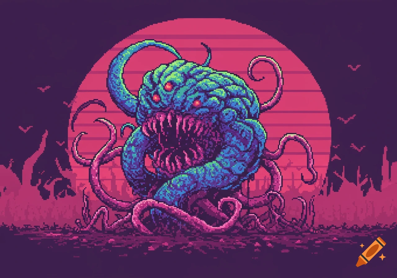 A pixel art monster with many eyes, sharp teeth, and tentacles, silhouetted against a pink sunset in a dark landscape.