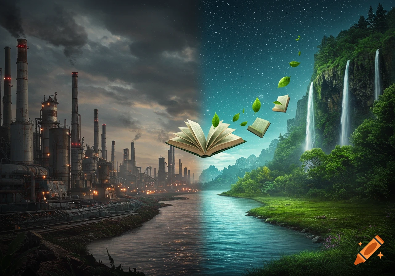 A river separates a smoky industrial landscape from a vibrant green wilderness with waterfalls, flying books, and leaves under a starry sky.
