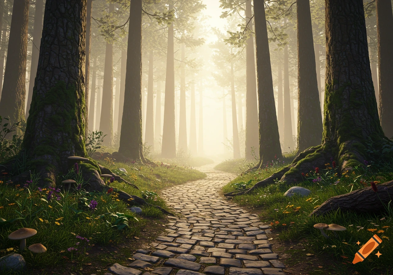 A photorealistic stone path winds through a misty, sunlit forest with tall trees, green foliage, and wildflowers.