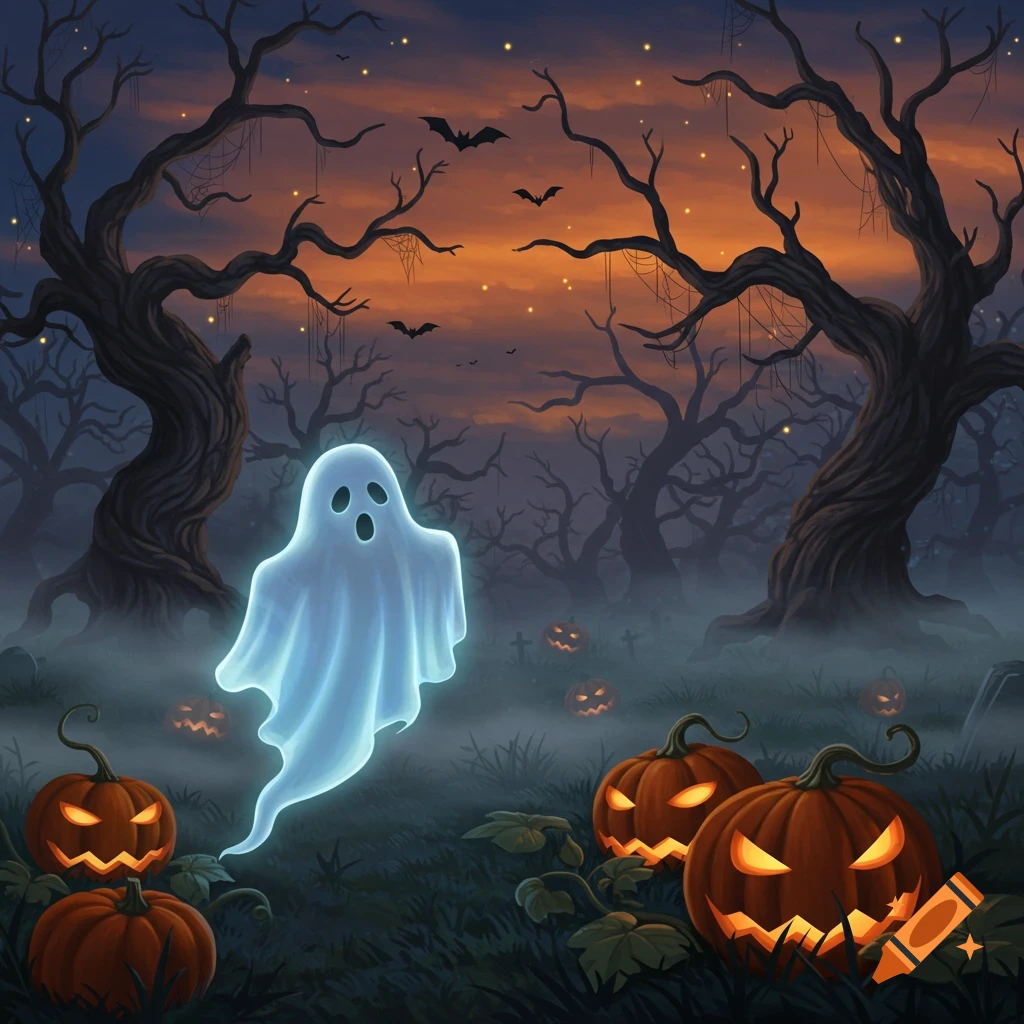 A glowing white ghost floats in a misty, spooky forest with bare trees, bats, and lit jack-o'-lanterns under an orange sky.