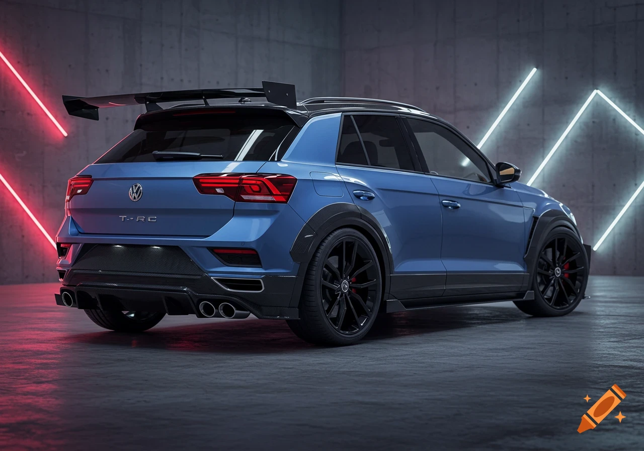 A blue Volkswagen T-Roc with a large carbon fiber spoiler and widebody kit is parked in a dark garage with neon lights.