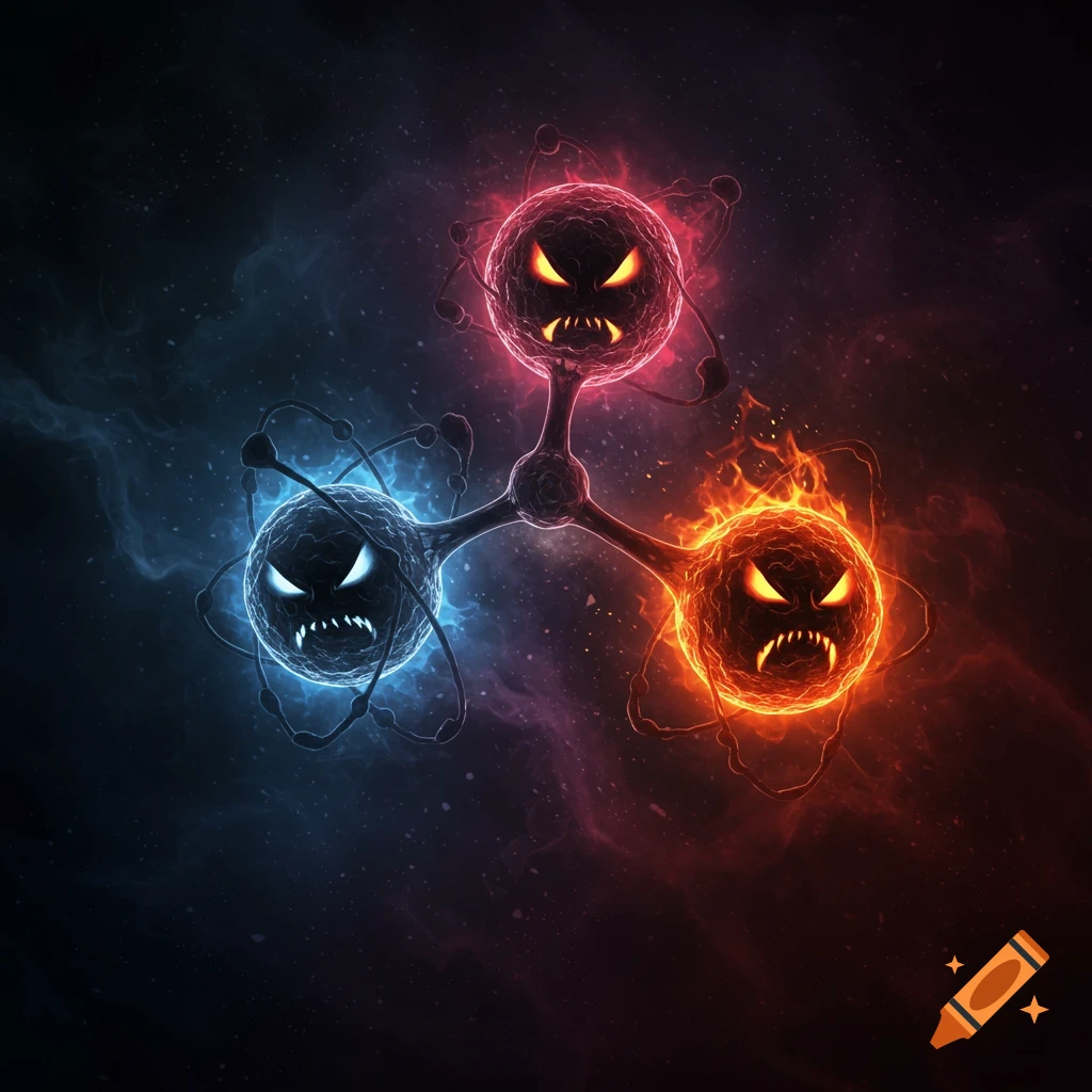 Three angry, glowing atom-like creatures, one blue, one red, one orange, connected in a molecule against a cosmic background.