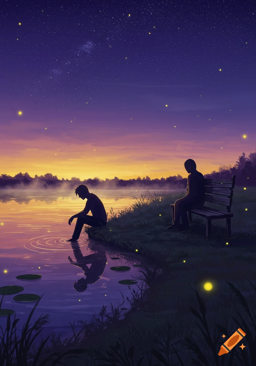 Two silhouetted figures by a lake at twilight with a starry sky and fireflies in an illustration style.