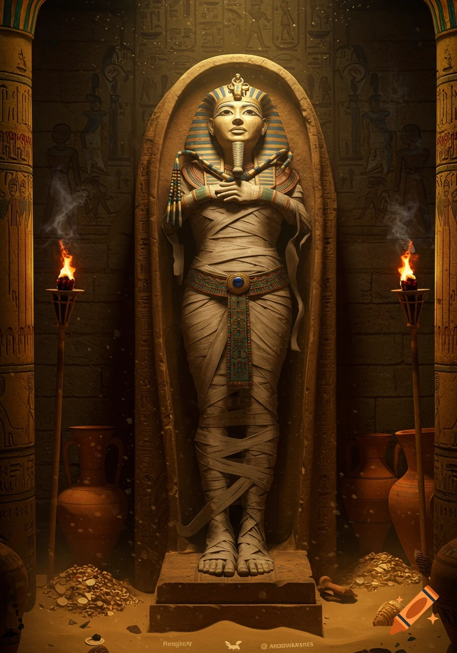 A mummified pharaoh in a sarcophagus surrounded by gold and ancient artifacts in a torchlit Egyptian tomb, photorealistic.