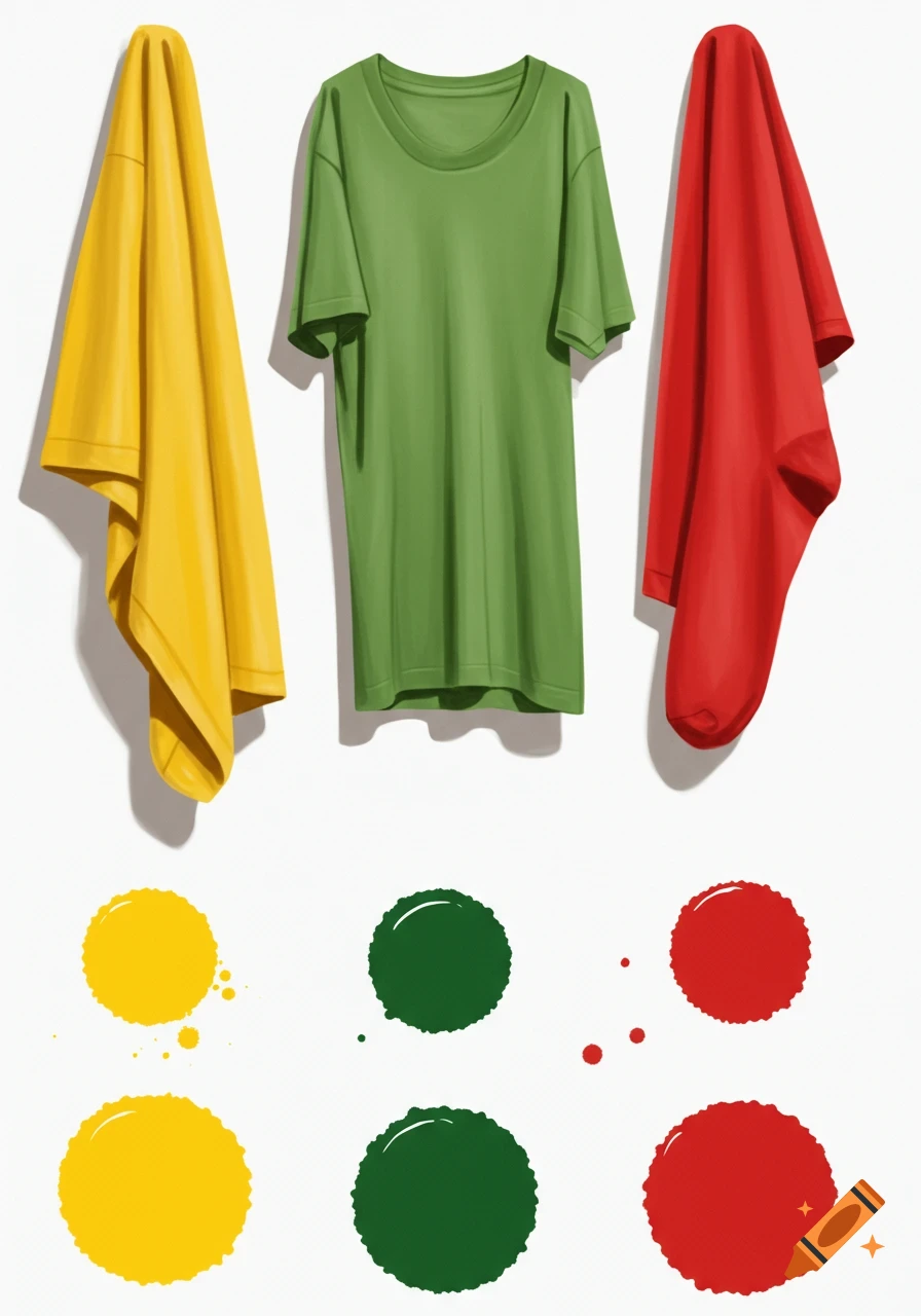 Yellow draped fabric, green t-shirt, and red draped fabric hang above corresponding color paint splatters on a white background.