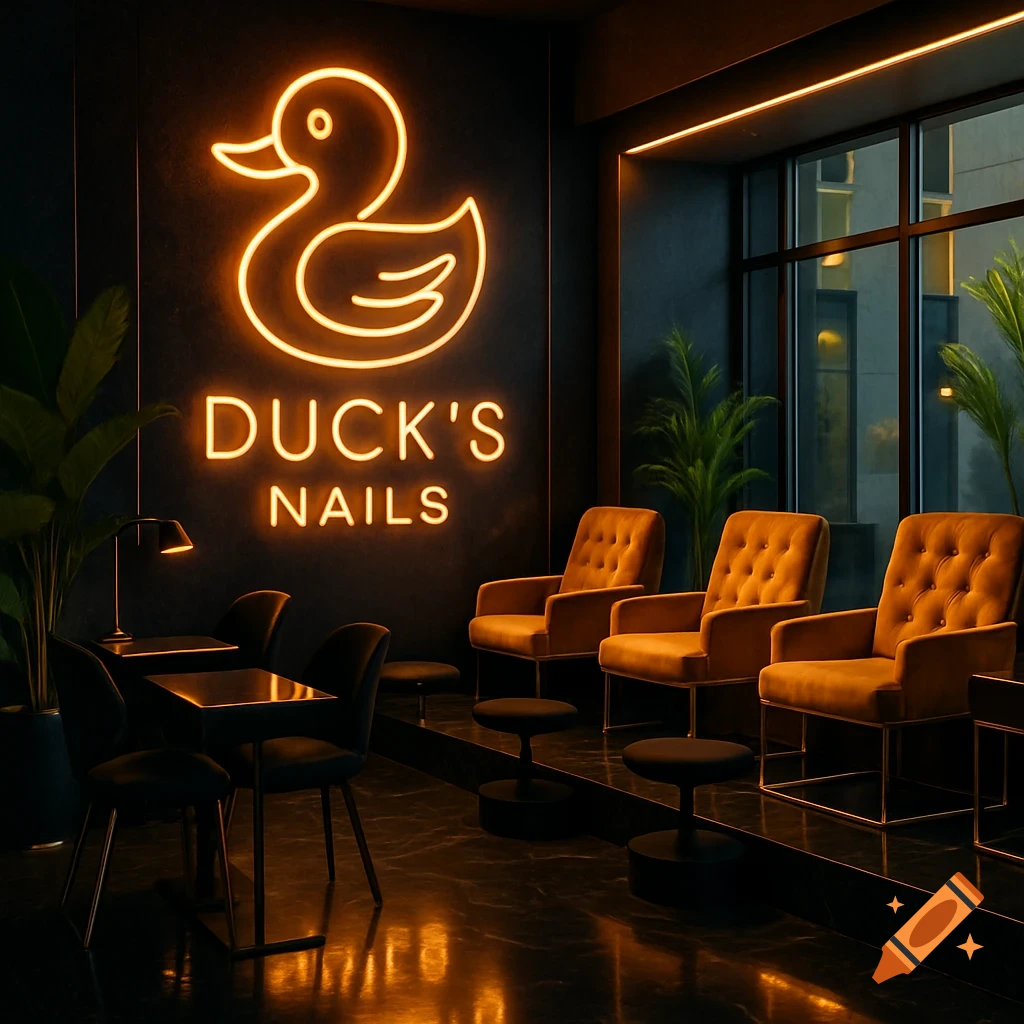 A modern, dark-themed nail salon interior features a prominent orange neon sign depicting a duck logo and the words "DUCK'S NAILS" on a black wall. Three plush golden chairs with footrests line a raised platform, reflecting the neon light on the glossy floor. Potted plants add greenery near large windows.