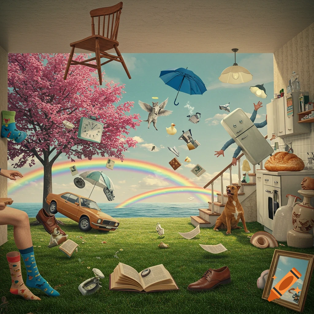 A surreal photorealistic scene showing various abnormal elements like a floating chair, a winged cat, a dog with a human smile, and a fridge with arms.