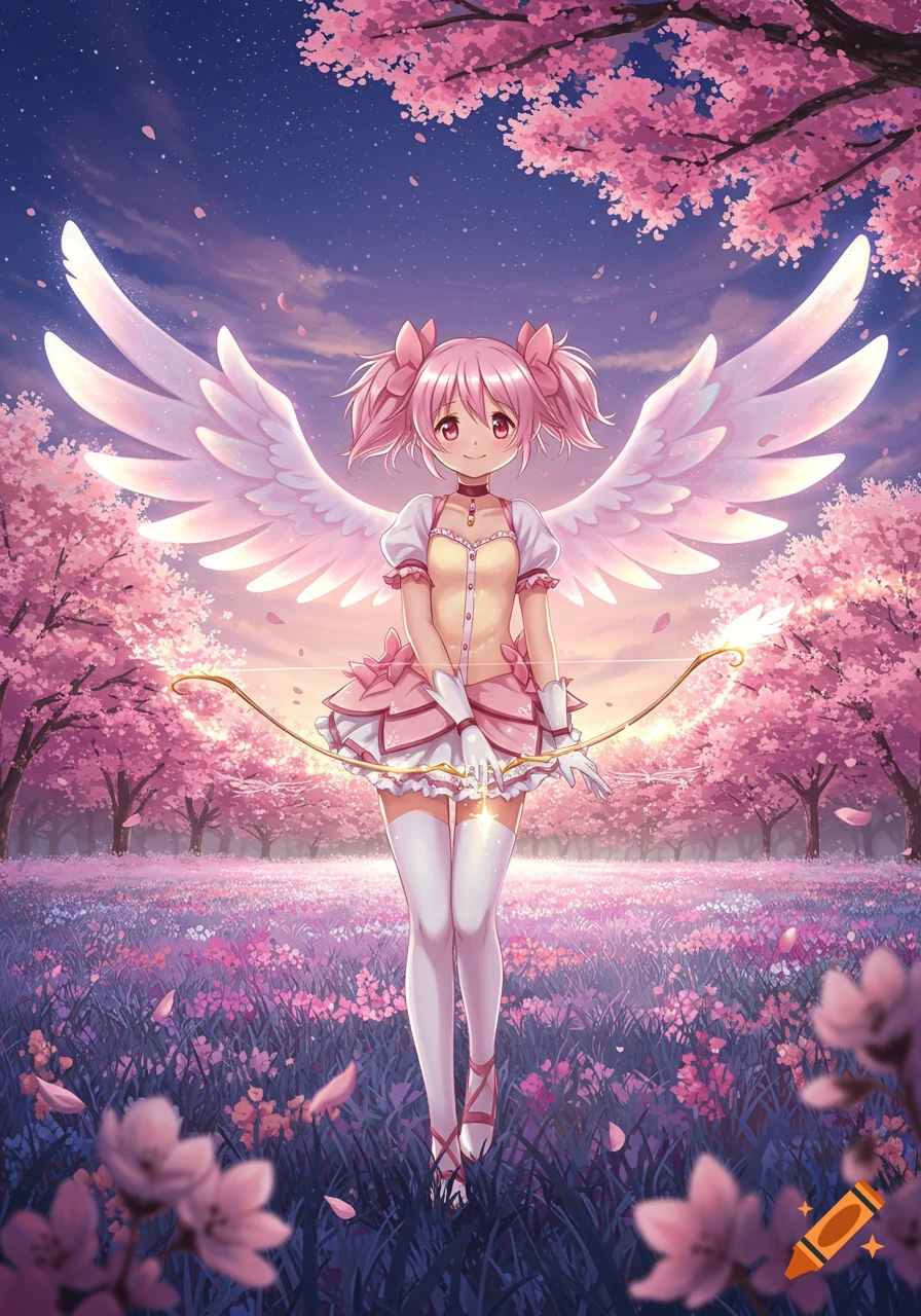 An anime girl with pink hair and white wings, holding a glowing bow, stands in a field of purple flowers under cherry blossom trees at sunset.