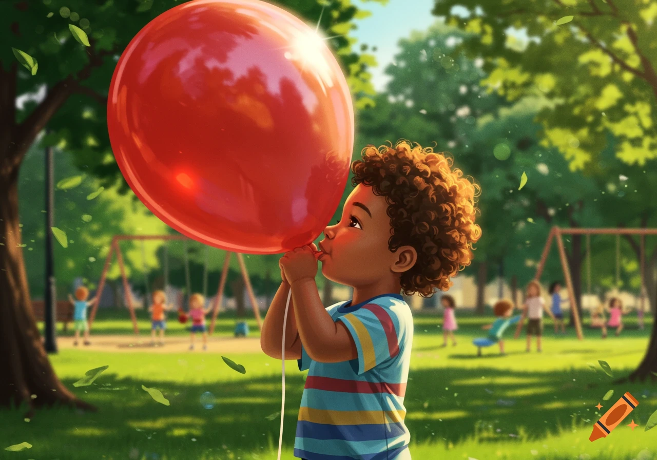An illustrated child with curly hair inflates a red balloon in a sunny park with swings in the background.
