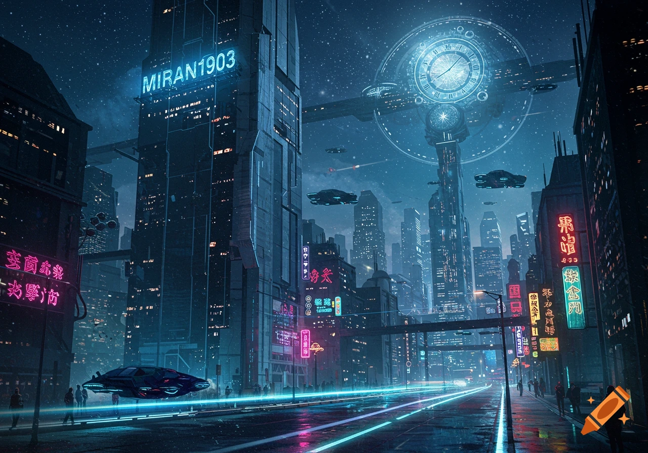 A futuristic city at night with neon-lit skyscrapers, flying vehicles, and glowing streets under a starry sky.