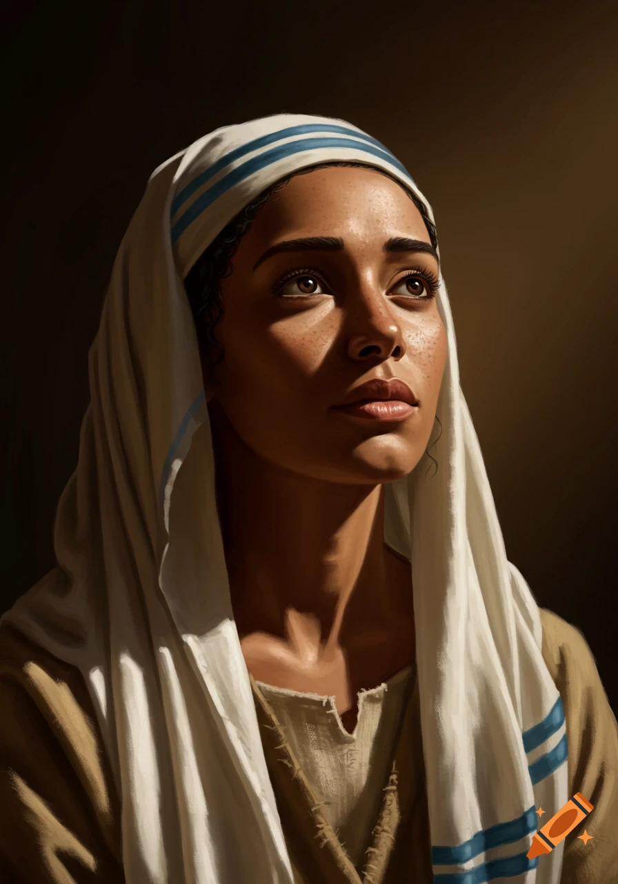 A contemplative Middle Eastern woman in biblical-era clothing and a white headscarf with blue stripes, looking up with dramatic lighting.