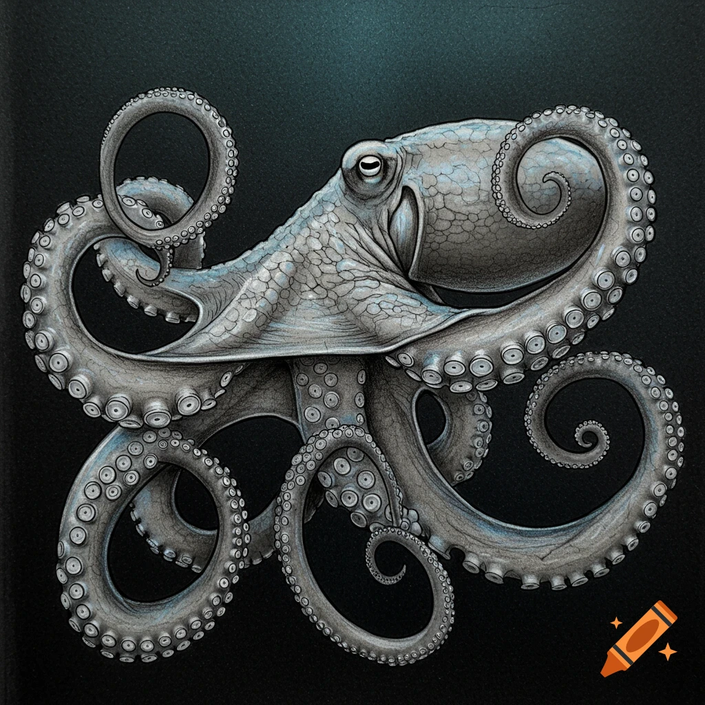 A detailed shaded drawing of an octopus with curled tentacles against a dark background with a subtle teal glow.