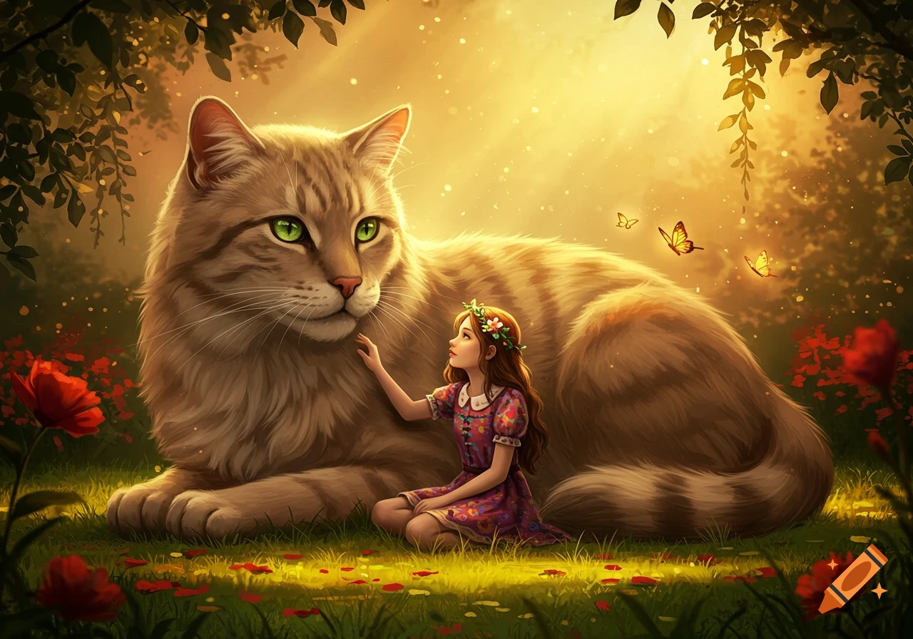 A young girl with a flower crown sits in a magical forest, gently petting a giant tabby cat bathed in golden sunlight.