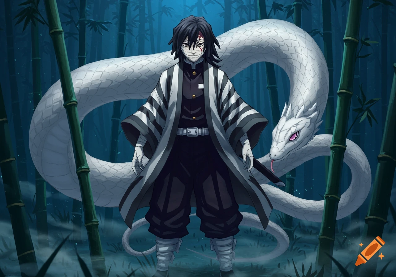 Anime character Obanai Iguro with a white snake in a bamboo forest.