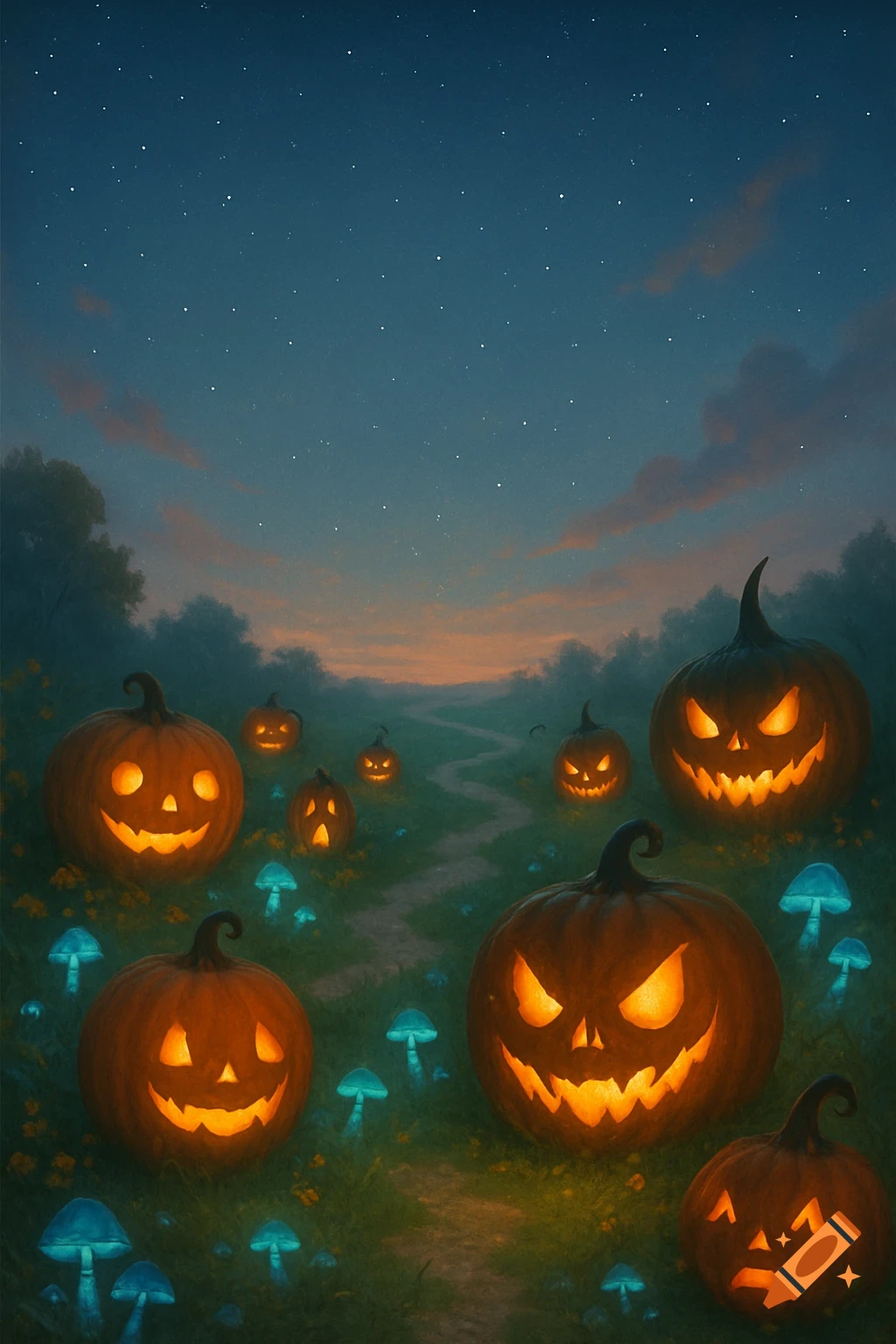 A path through a moonlit meadow lined with glowing jack-o-lanterns and blue luminous mushrooms, under a starry sky.
