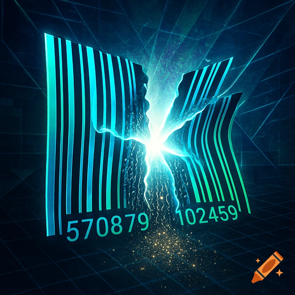 A glowing blue and green barcode breaks apart with a bright light and sparks, against a dark, futuristic grid background.