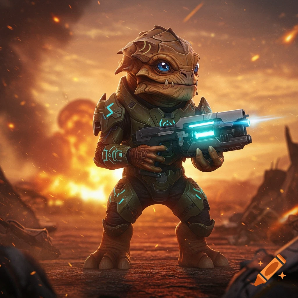 An armored, reptilian alien, like a Halo Grunt, holds a glowing rifle amidst a fiery, war-torn landscape.