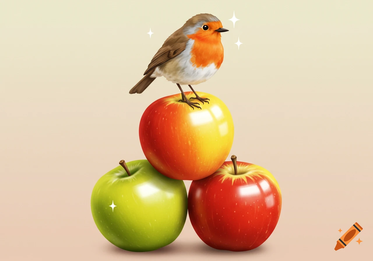 A colorful clip art illustration of a robin perched on a stack of three apples.