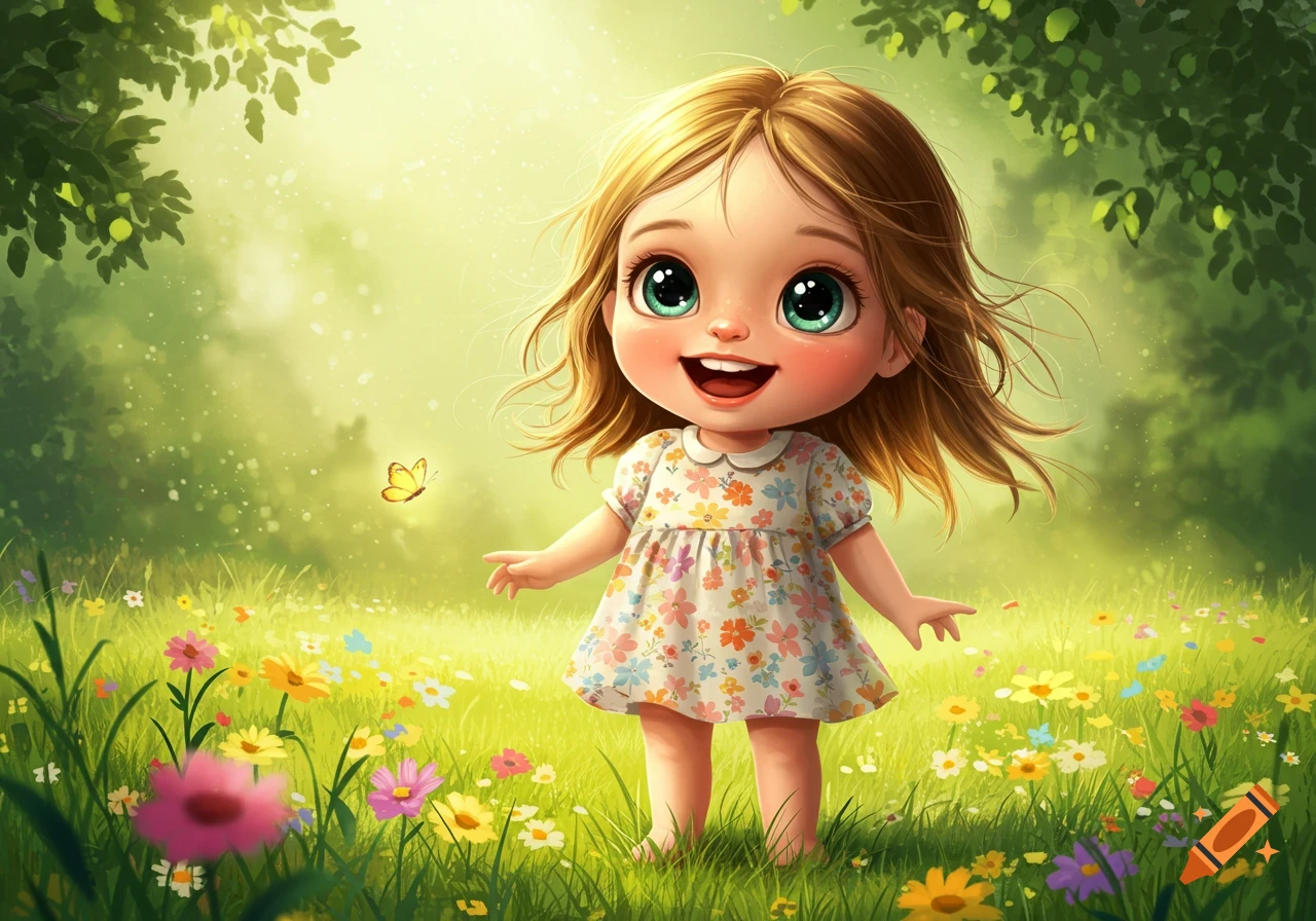 A cute, smiling cartoon girl with big eyes and brown hair, wearing a floral dress, stands in a vibrant green meadow with colorful flowers and a butterfly, under dappled sunlight.