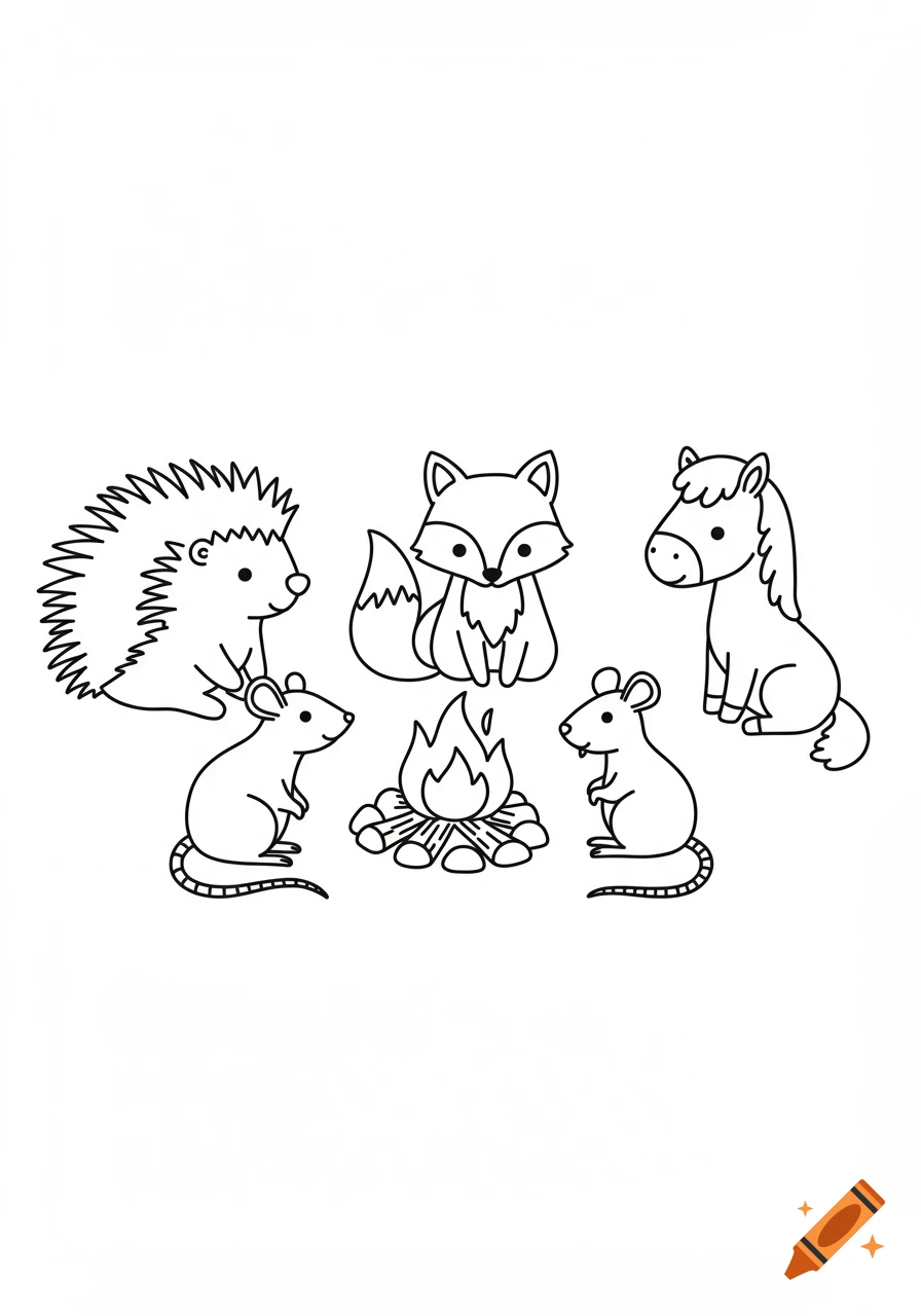 Black and white line drawing of a hedgehog, a fox, two rats, and a horse sitting around a campfire.