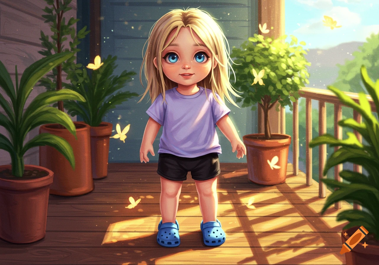 A cartoon girl with blonde hair and blue eyes, wearing a purple shirt, black shorts, and blue Crocs, stands on a sunny wooden porch with potted plants and glowing butterflies.