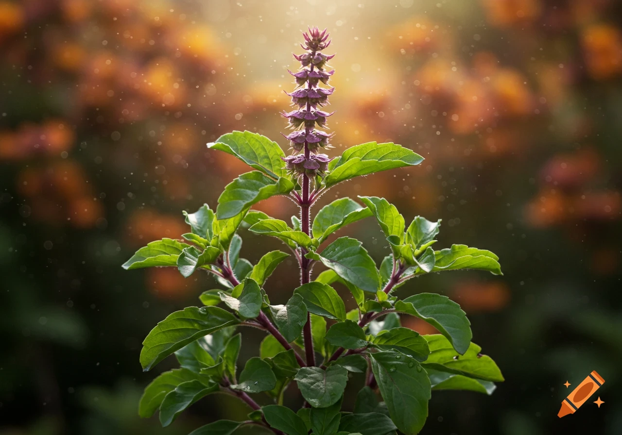 A holy basil plant with purple flowers and vibrant green leaves, illuminated by warm sunlight against a soft bokeh background.