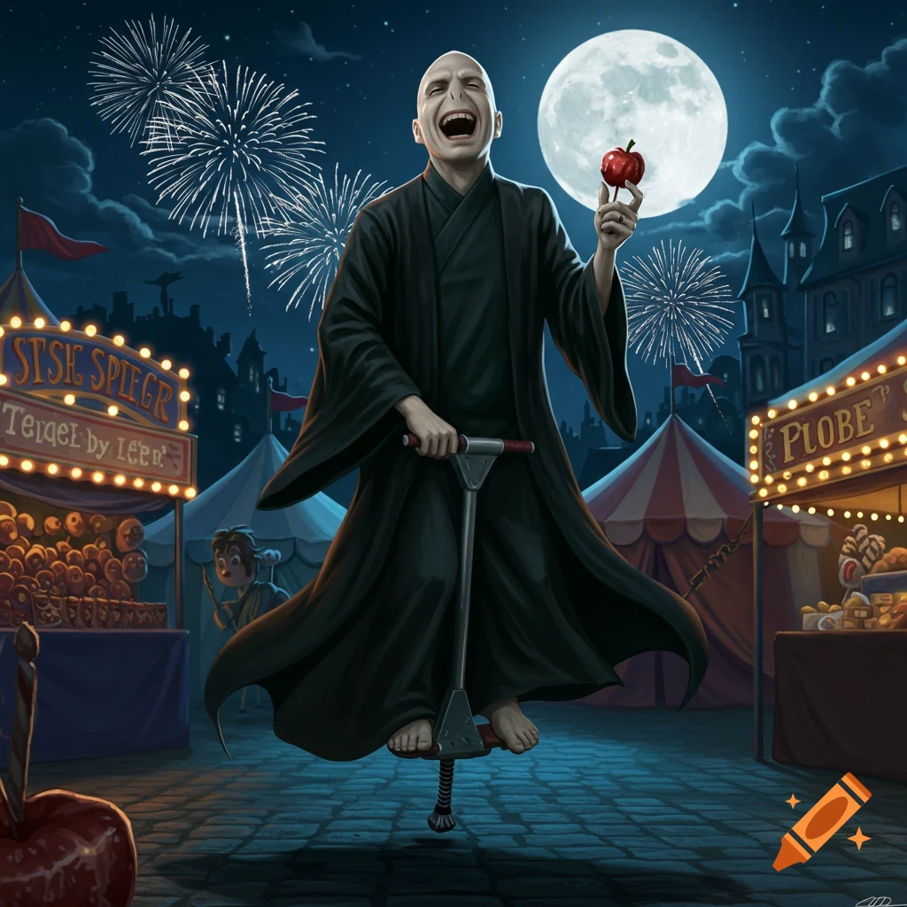 Voldemort on a pogo stick, laughing and holding an apple, at a night carnival with fireworks under a full moon, illustration.