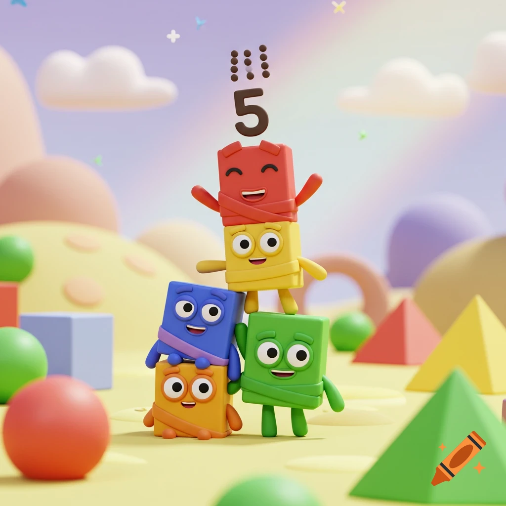 Four colorful block characters are stacked, forming a number five, in a whimsical 3D animated landscape.